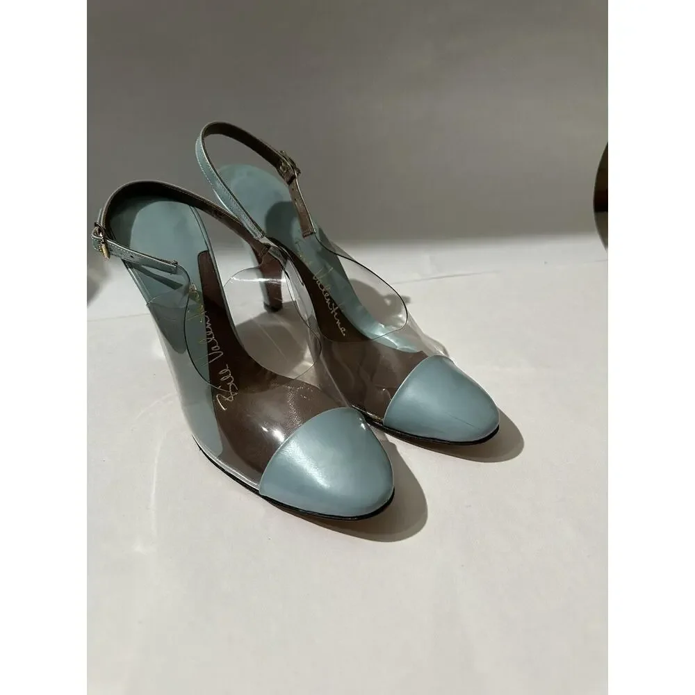 Bill Valentine Leather Turquoise Clear Sling Back Heel Sandals‎ Shoes Size 7